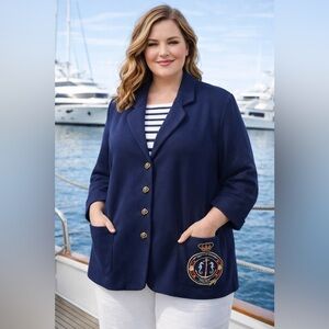 VTG Michel Antoni Nautical Cotton Blazer Jacket 3X Navy Yacht Crest